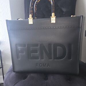 Fendi Black Embossed Logo Tote with Gold Accents